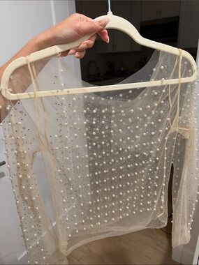 Sheer Pearl Embellished Long Sleeve Top - Ivory